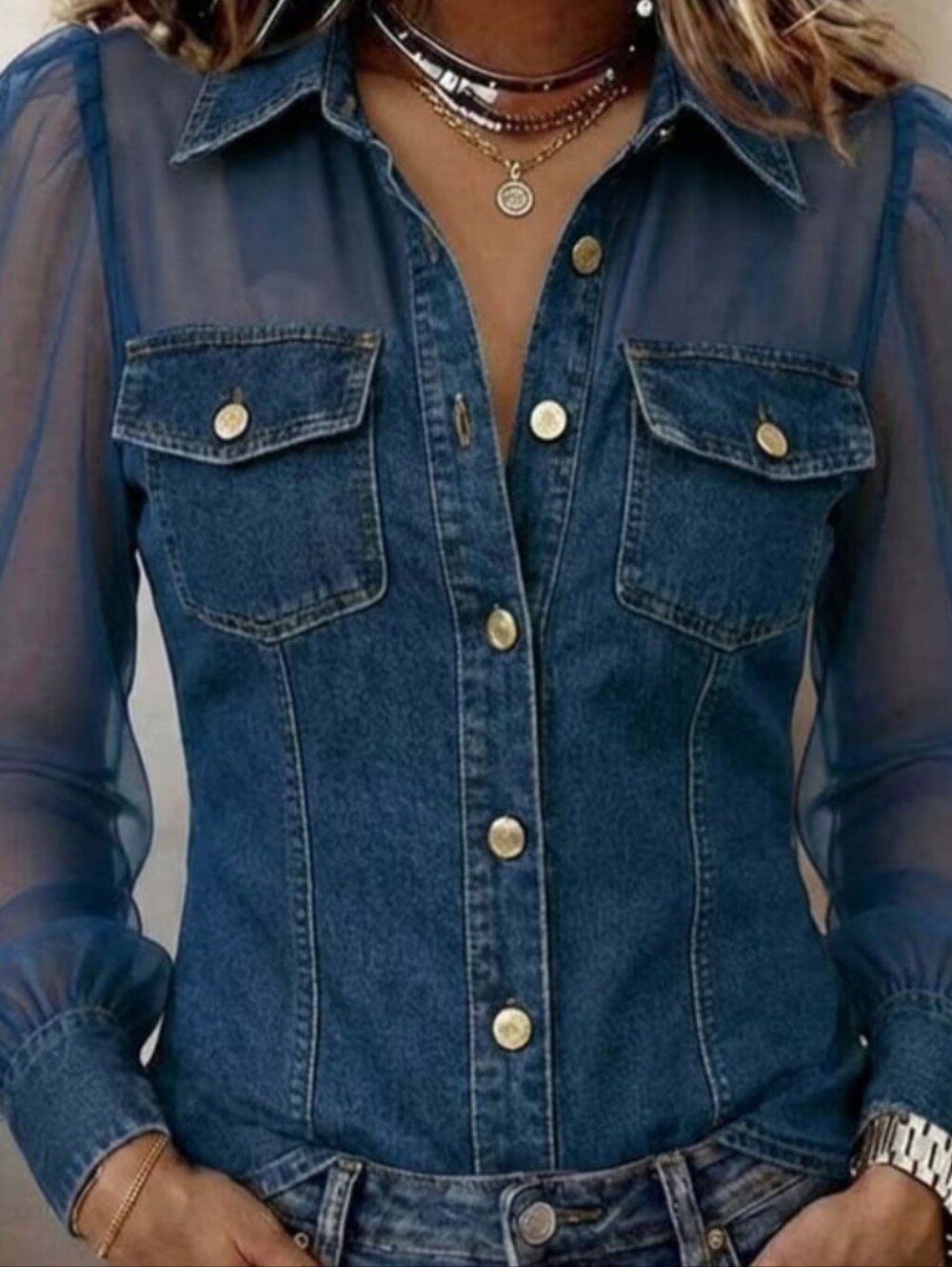 Denim Look Button-Front Shirt with Sheer Sleeves - Blue